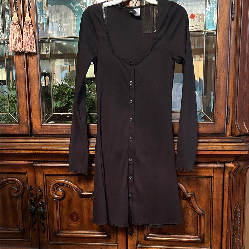Divided Black Long-Sleeve Button-Front Dress